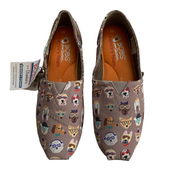 NWT BOBS FROM SKECHERS Womens Grey Plush Pups Smarts Dog Print Slip-ons Sz 5 - Picture 3 of 7